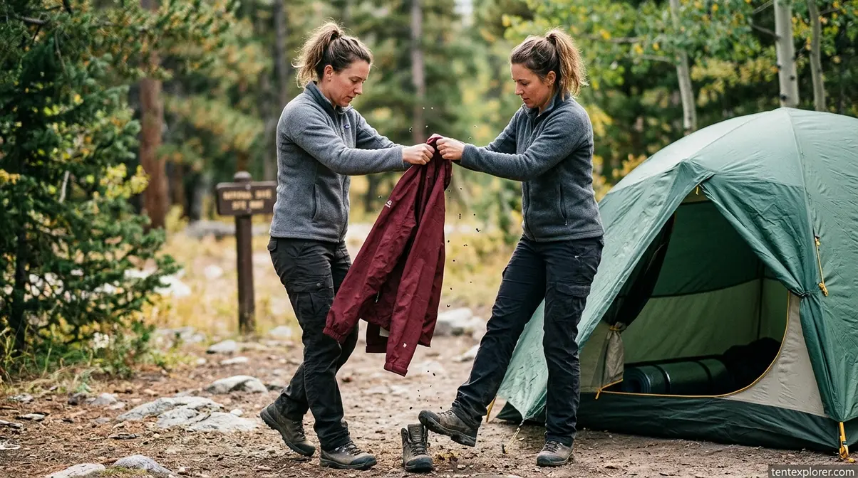 Camper vigorously shaking out a jacket to remove hitchhiking bugs before entering a tent