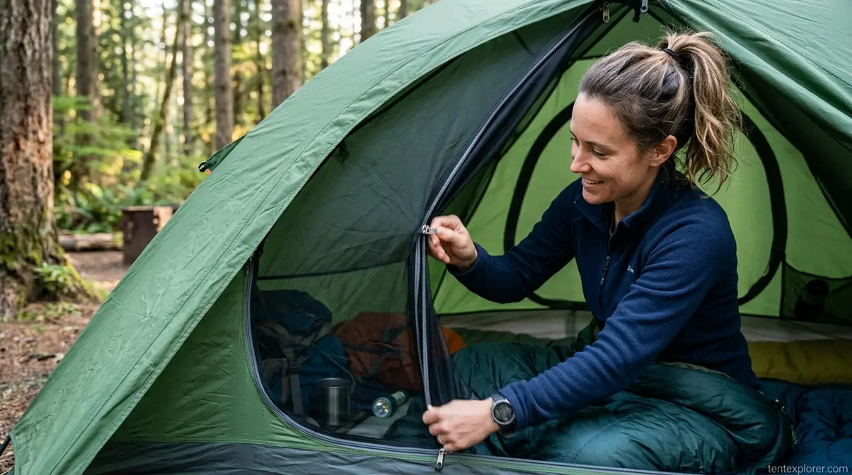 Camper quickly zipping up a tent door to prevent mosquitoes and bugs from entering