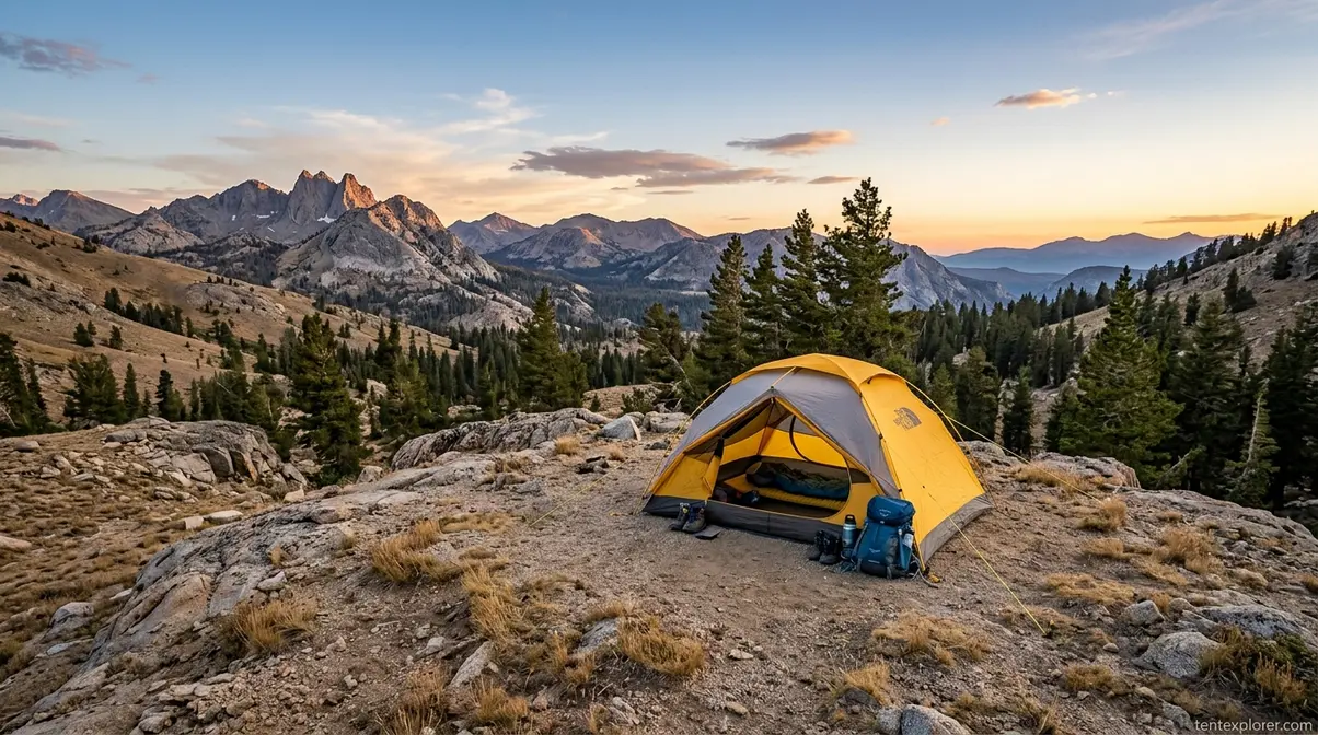 Modern camping tent pitched on an elevated rocky outcrop away from standing water sources
