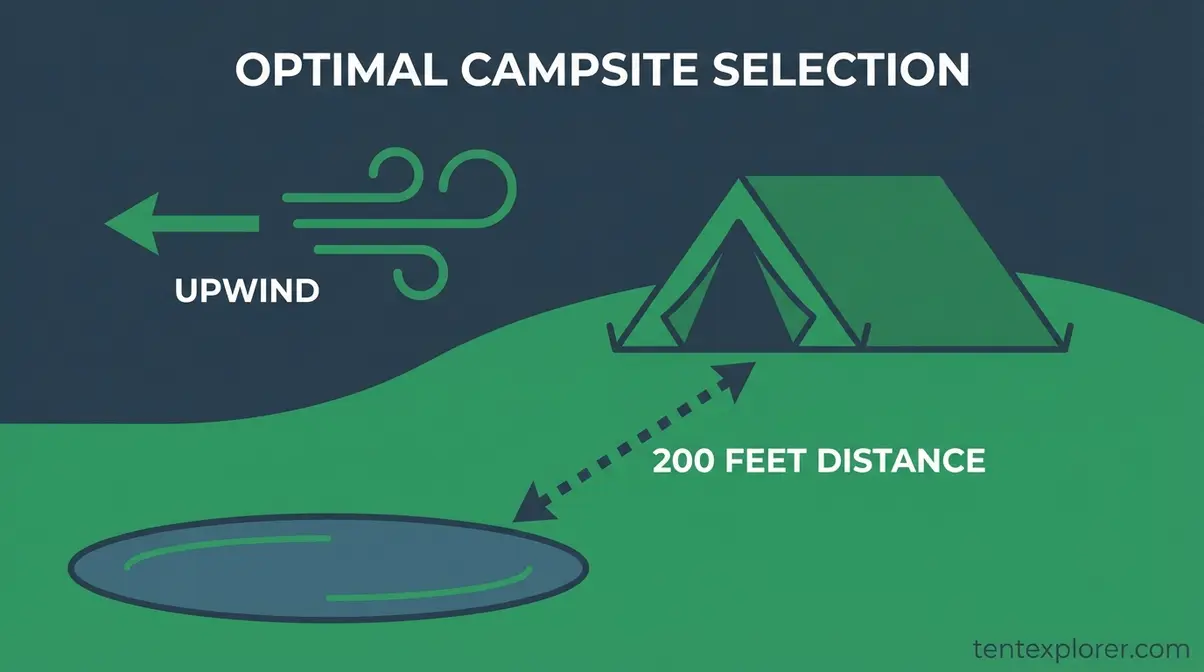 Diagram showing ideal tent placement upwind, at elevation, and away from standing water