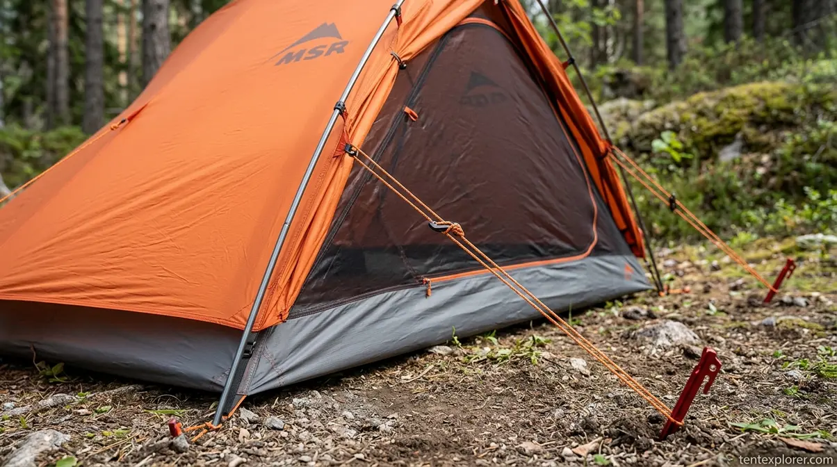 Close-up of taut tent guylines and stakes securing the rain fly away from mesh