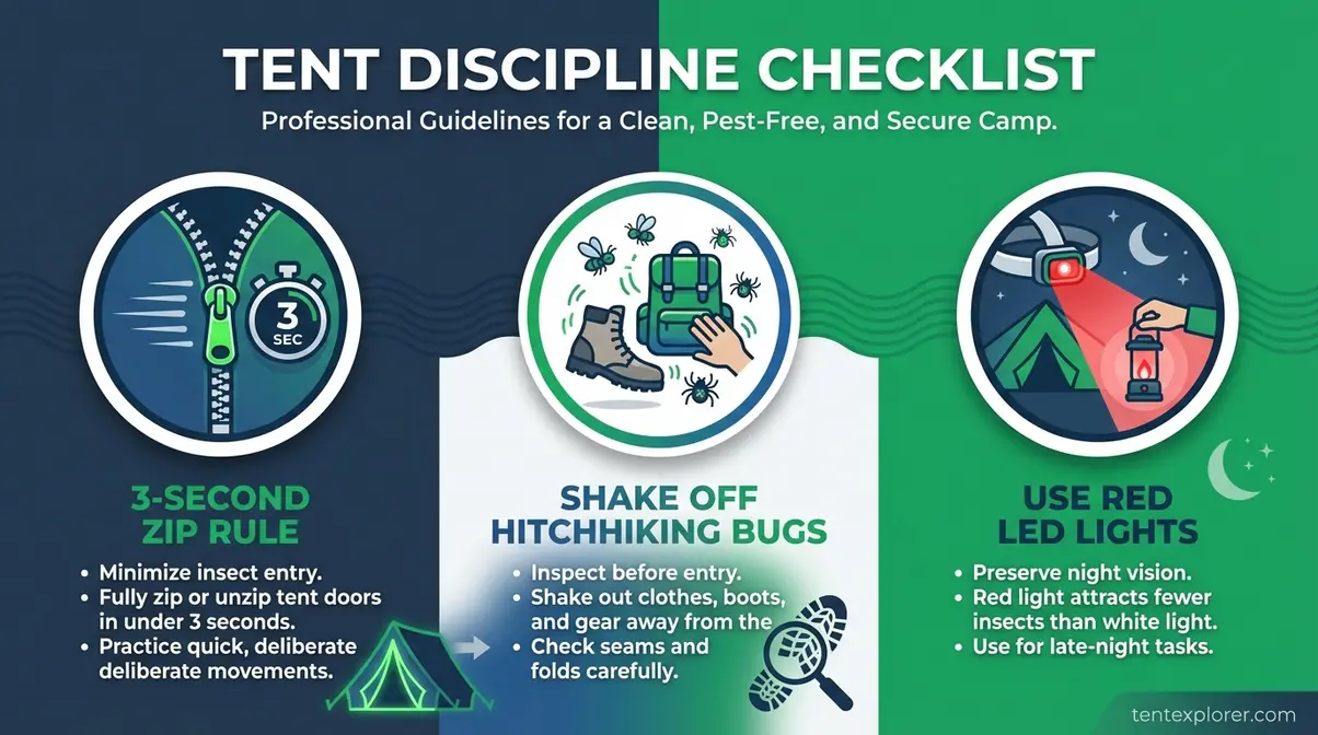 Visual checklist showing the zip rule, bug shake-off, and red LED light management steps