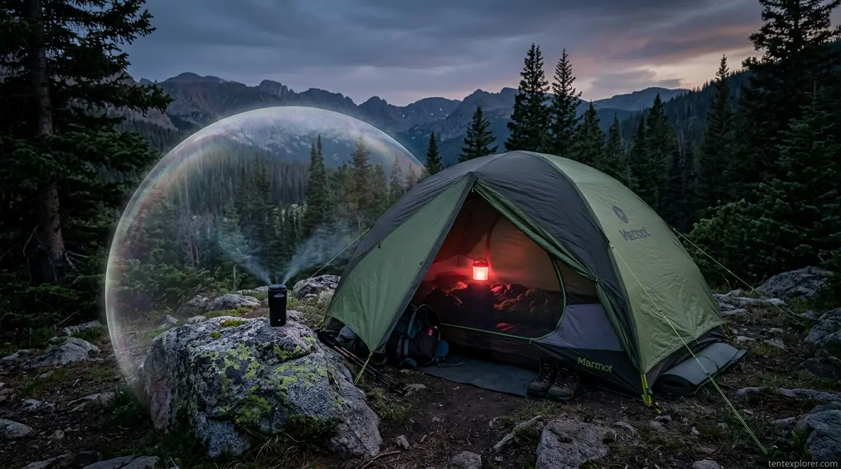 Portable spatial repellent device operating near a zipped camping tent at dusk