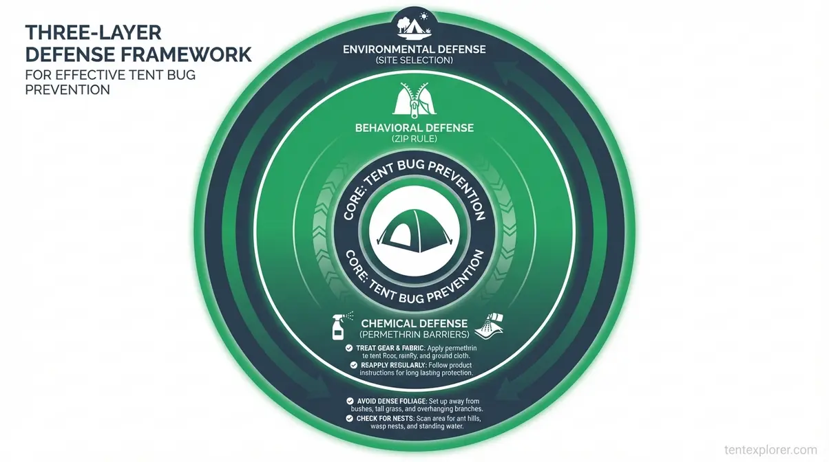 Diagram showing three concentric layers of tent bug prevention including environmental, behavioral, and chemical barriers