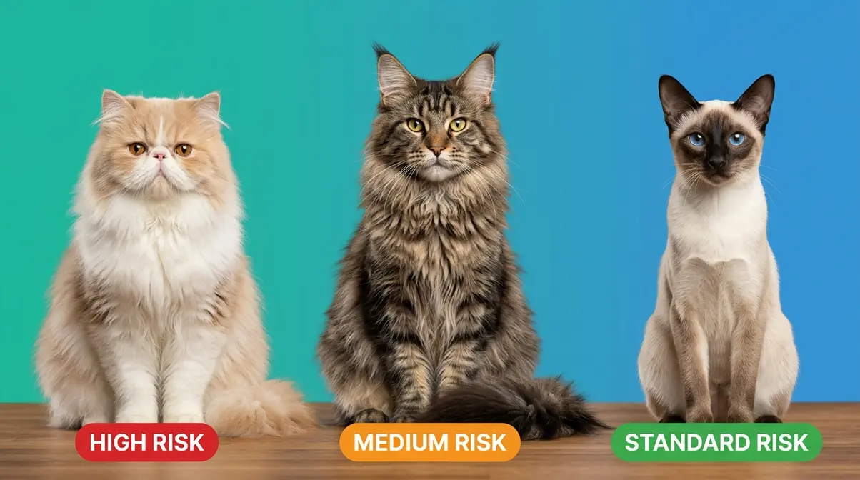 Cat breed heat risk comparison showing Persian, Maine Coon, and Siamese breeds with risk level labels