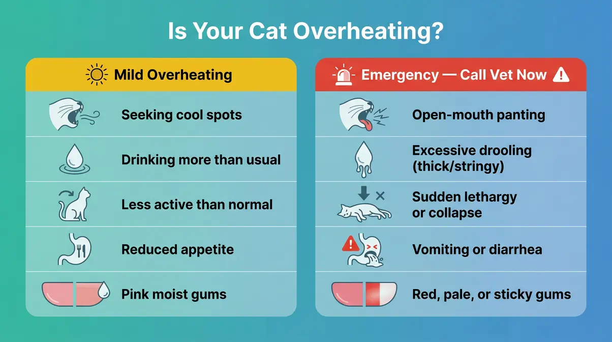 Cat heatstroke warning signs infographic showing 5 symptoms and mild versus emergency distinction