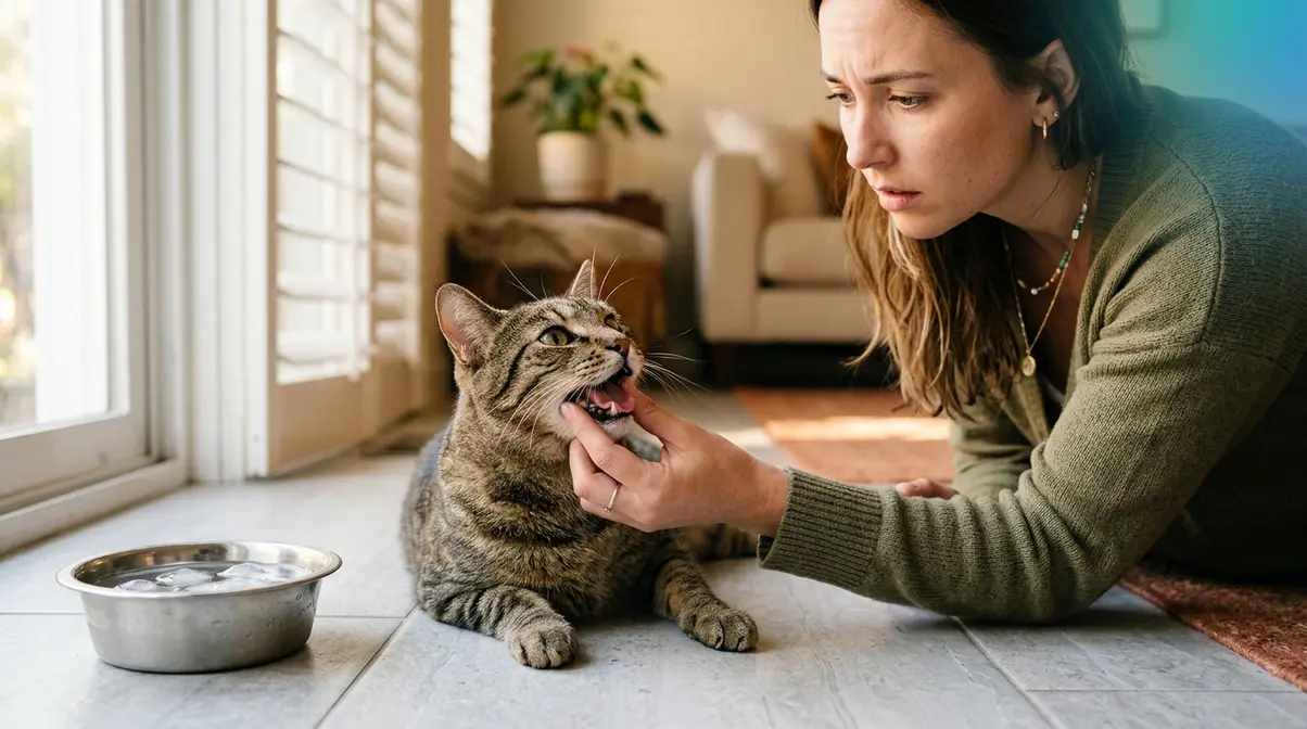 Cat owner checking for overheating signs — tabby cat on cool tile floor in warm summer room