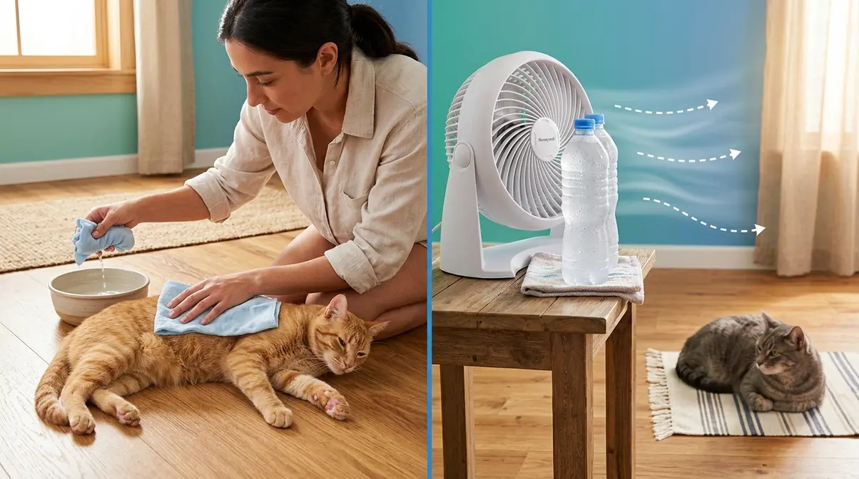 DIY cat cooling methods without AC showing damp cloth technique and fan with frozen bottles