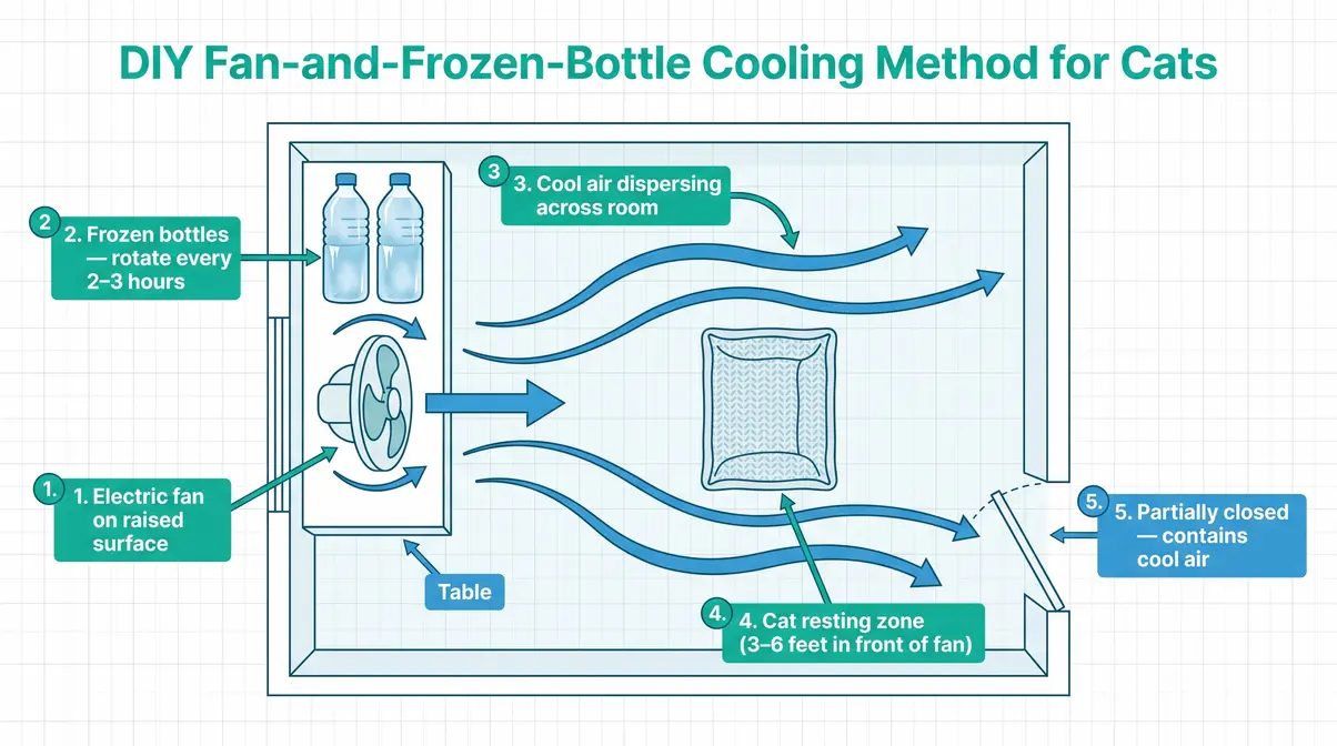 DIY cooling setup for cats without AC showing fan placement and frozen bottle method in top-down room diagram