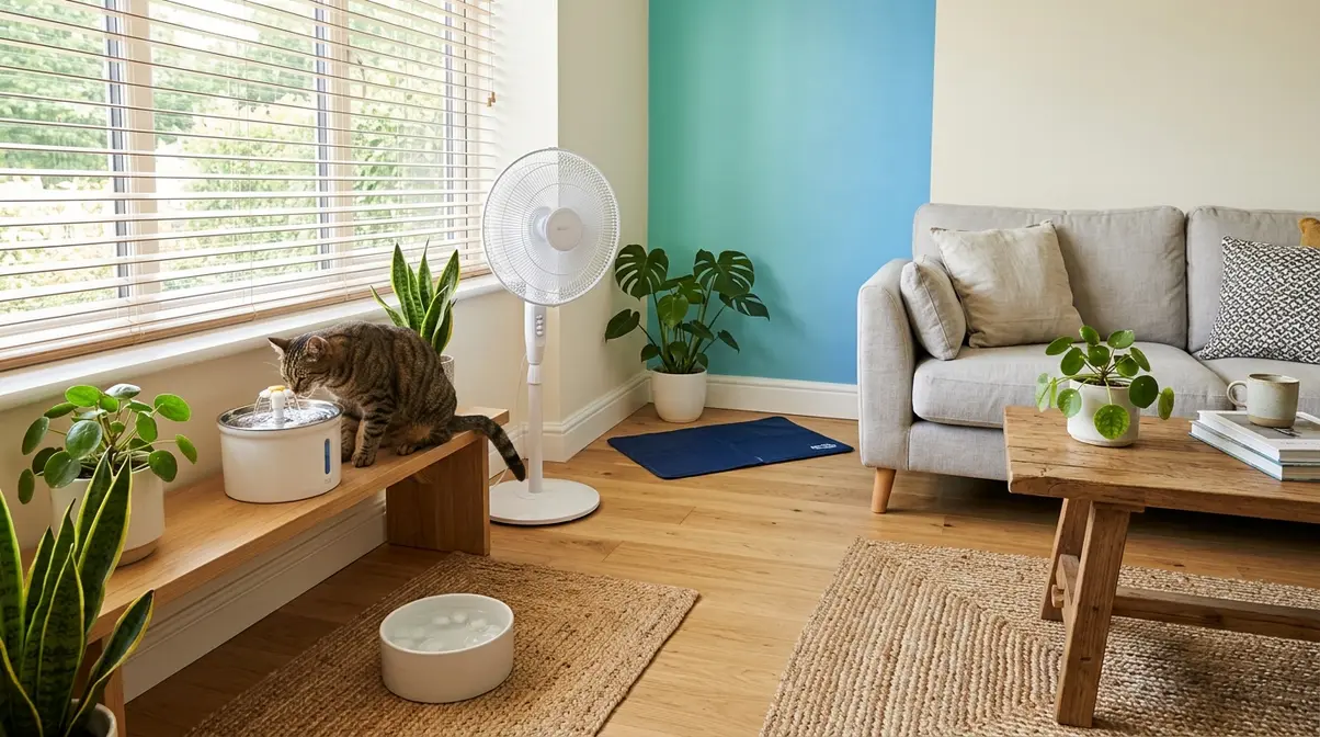 Indoor cat cooling setup showing water fountain, ice water bowl, cooling mat, and fan near window