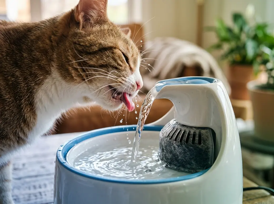 Cat drinking from a recirculating water fountain, showing how moving water encourages cats to drink more