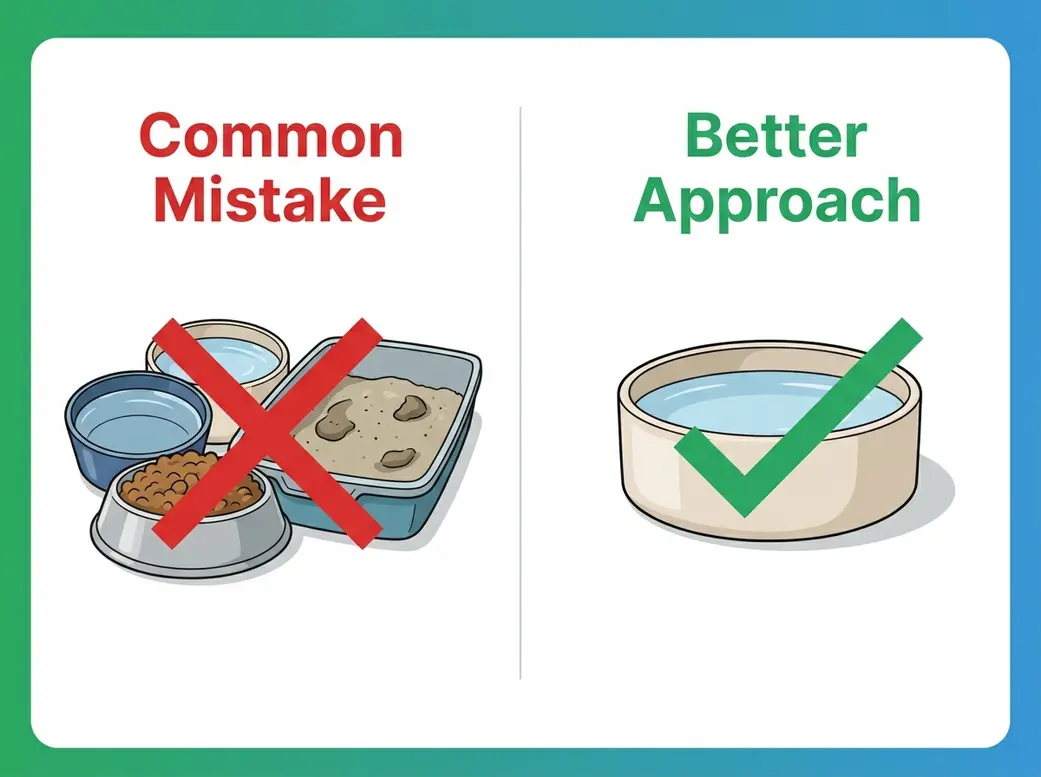Common cat hydration mistakes versus correct approach showing bowl placement and type comparison