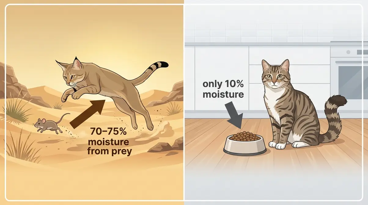 Diagram showing how cats evolved to get hydration from prey versus dry food, illustrating why cats have a low thirst drive