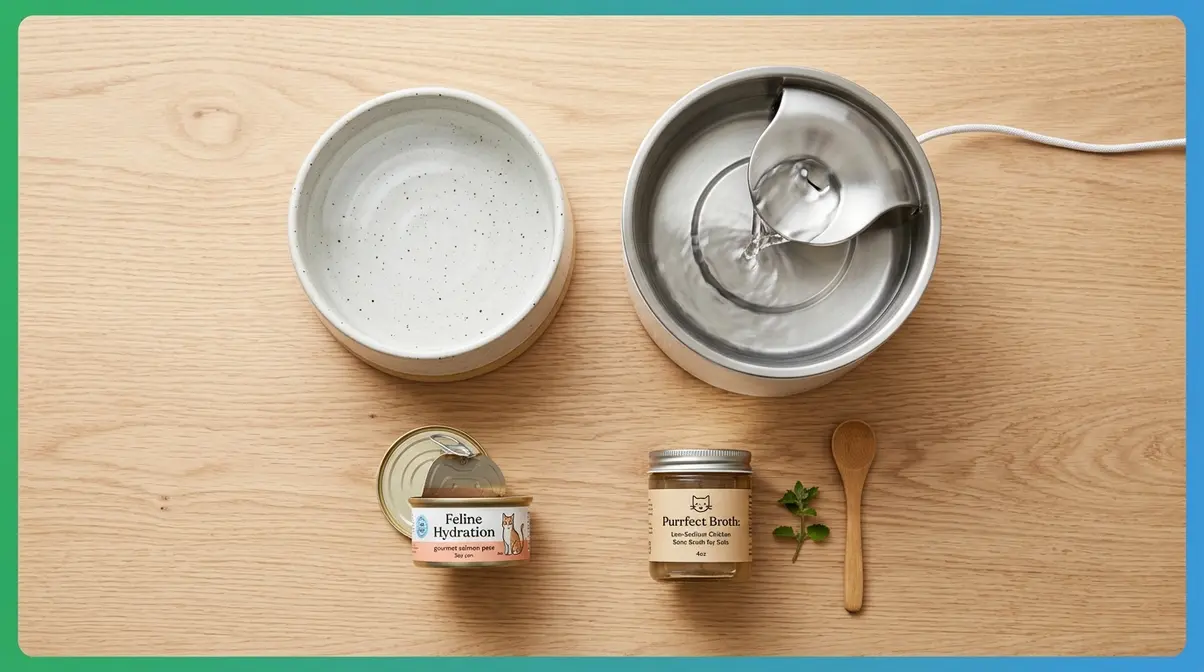 Cat hydration toolkit showing ceramic water bowl, wet food, water fountain, and bone broth on wooden surface