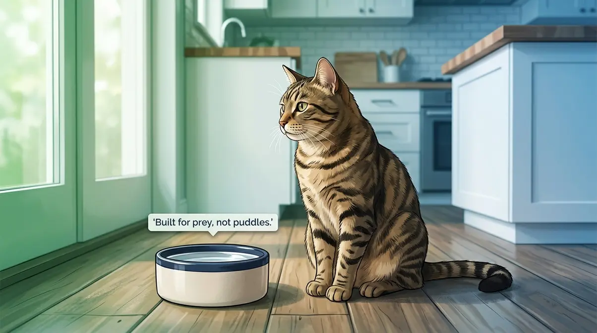 Domestic cat ignoring a full water bowl, illustrating the low thirst drive cats evolved from desert ancestors