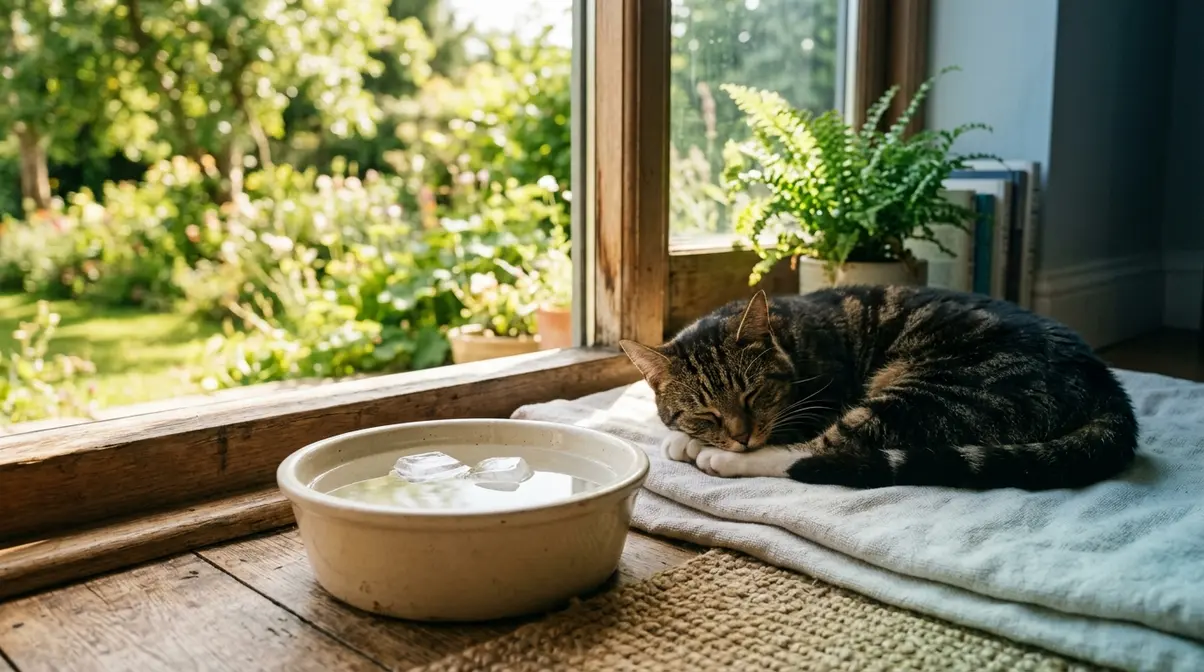 Cat resting near a water bowl with ice cubes in summer, showing how to keep cats hydrated in hot weather