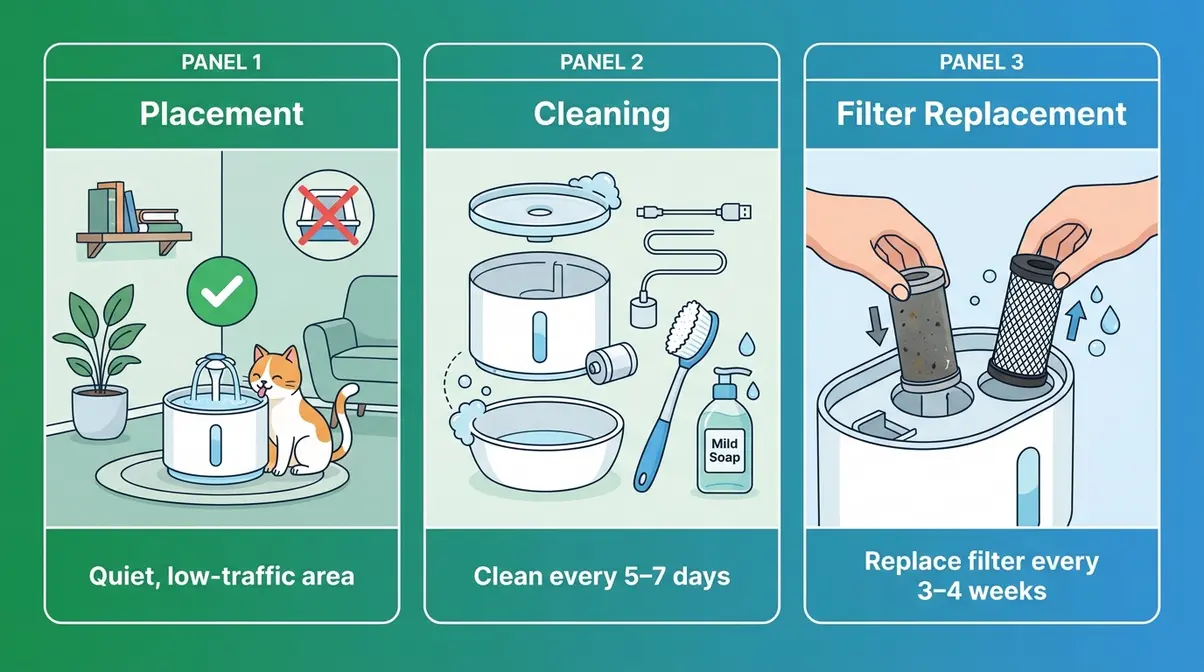Illustrated guide on how to keep cats hydrated using a cat water fountain with cleaning and placement tips