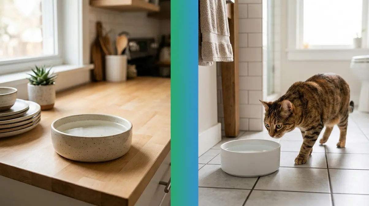 Cat approaching a water bowl placed away from food dish, showing correct water station placement to encourage drinking