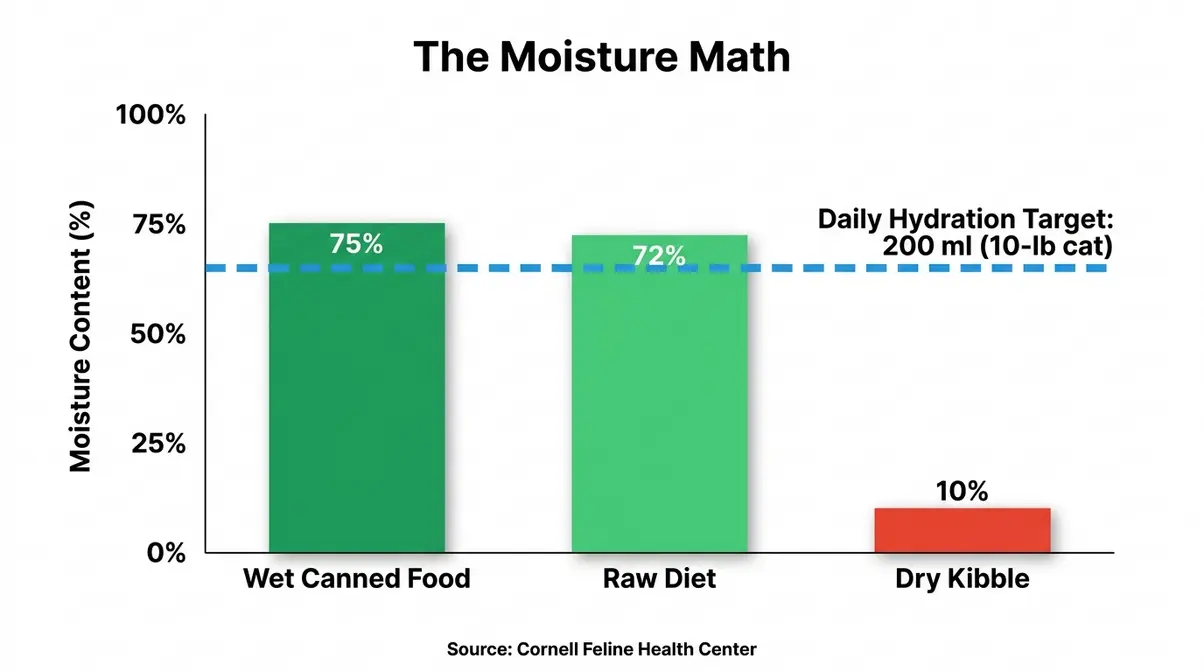 Moisture Math comparison chart showing how to keep cats hydrated through diet, wet food vs dry food moisture percentage