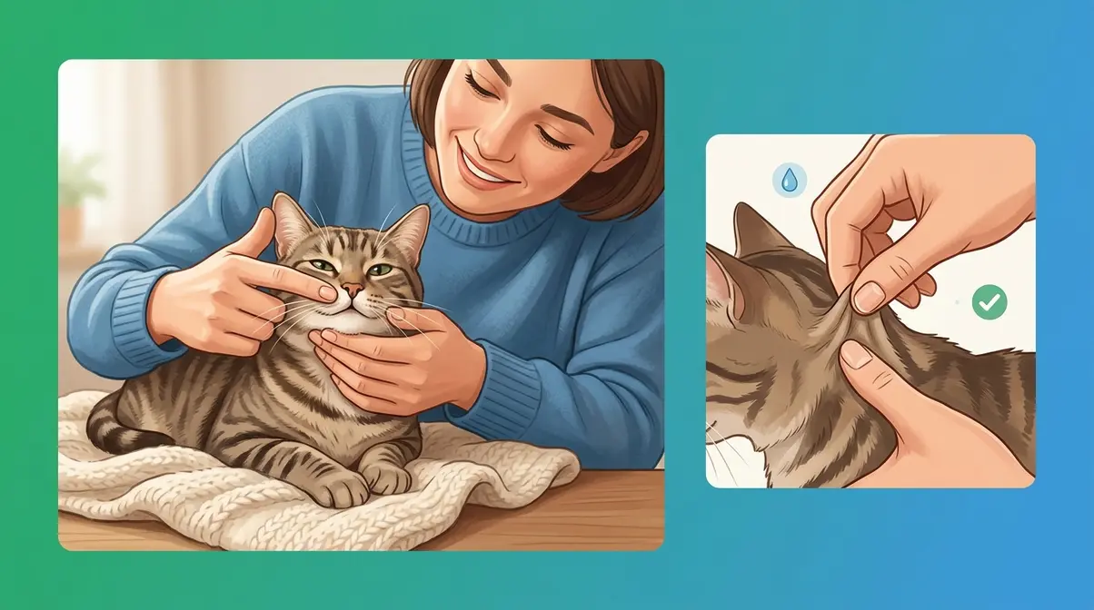 Cat owner checking a cat's gum line and performing the Skin Tent Test to assess dehydration at home