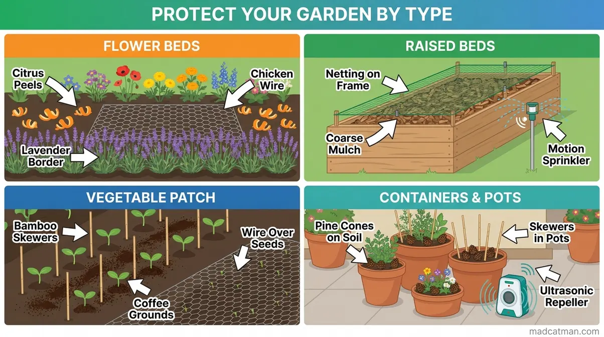 Illustrated guide to cat deterrent methods by garden type covering flower beds, raised beds, vegetable patches, and containers