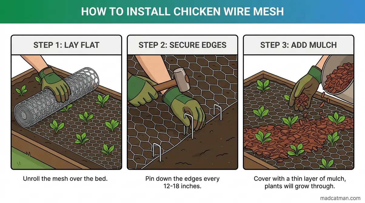 How to install chicken wire to keep cats out of garden in three illustrated steps