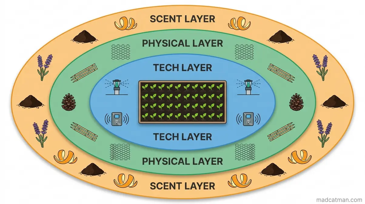 Garden defense stack diagram showing three layers of cat deterrent methods around a garden bed