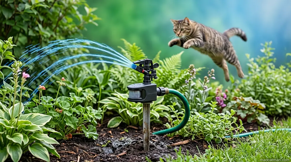 Motion-activated garden sprinkler firing a water burst to deter a cat from entering a garden bed