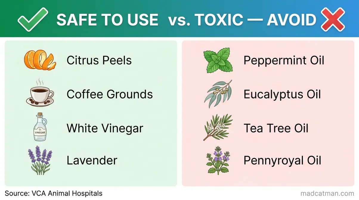 Keep cats out of garden safe vs toxic scents infographic showing green safe options and red toxic essential oils