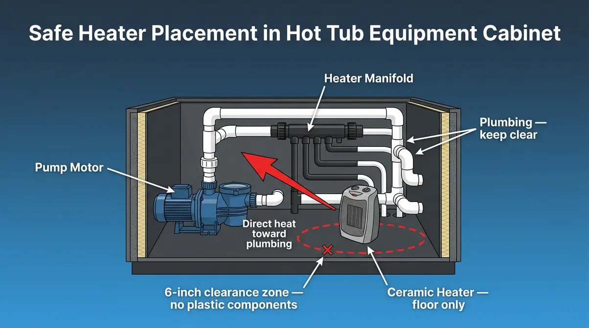 How to Keep Hot Tub From Freezing During Power Outage 9 Diagram showing safe ceramic space heater placement inside hot tub equipment cabinet with six-inch clearance zone