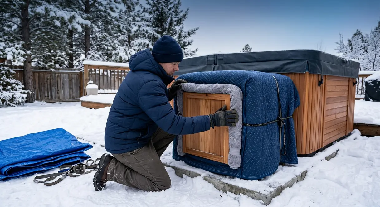How to Keep Hot Tub From Freezing During Power Outage 6 Person wrapping hot tub equipment cabinet with moving blanket to insulate pipes during power outage