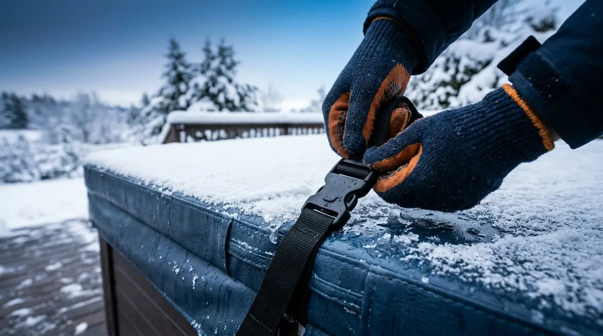 How to Keep Hot Tub From Freezing During Power Outage 4 Gloved hands locking hot tub cover strap shut during winter power outage emergency