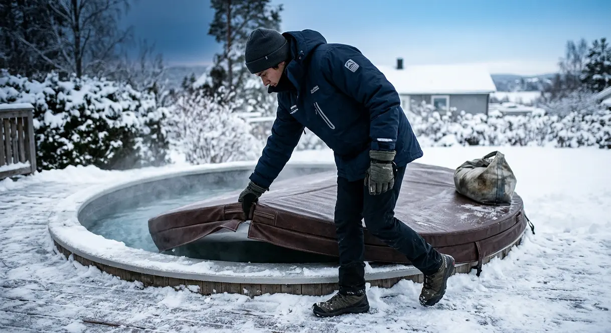 How to Keep Hot Tub From Freezing During Power Outage 5 Person inspecting and sealing hot tub cover perimeter gap during winter power outage
