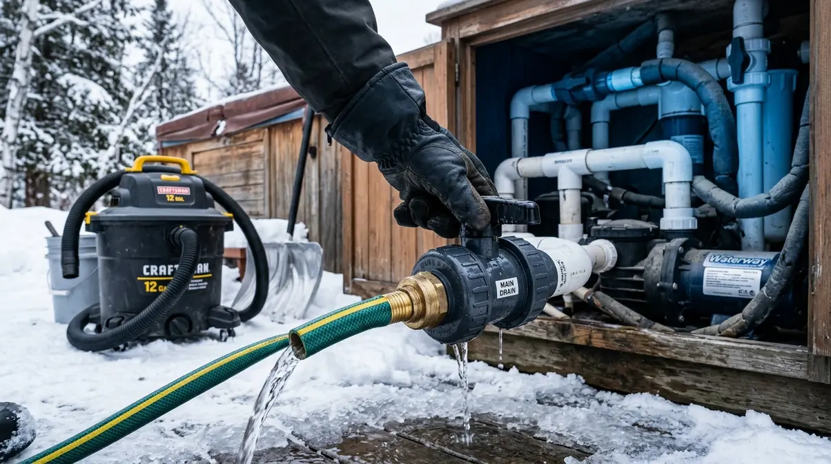 How to Keep Hot Tub From Freezing During Power Outage 10 Hot tub main drain valve being opened with garden hose attached for emergency winter draining
