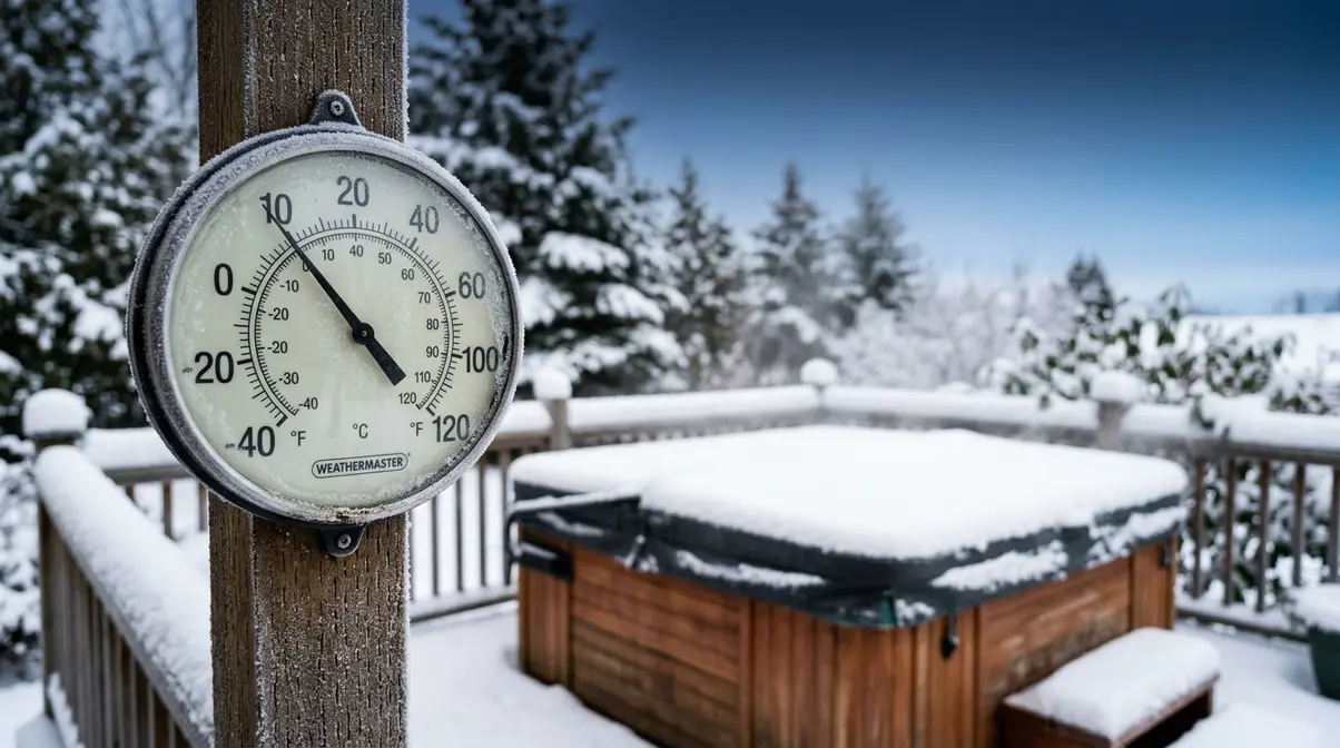 How to Keep Hot Tub From Freezing During Power Outage 1 Outdoor thermometer showing freezing temperature with snow-covered hot tub in winter background