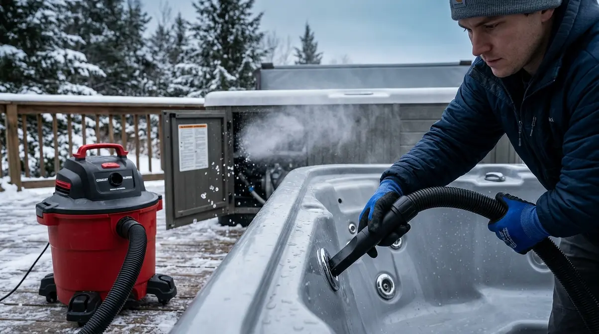 How to Keep Hot Tub From Freezing During Power Outage 11 Person using wet/dry shop vacuum in blower mode against hot tub jet opening to clear plumbing lines