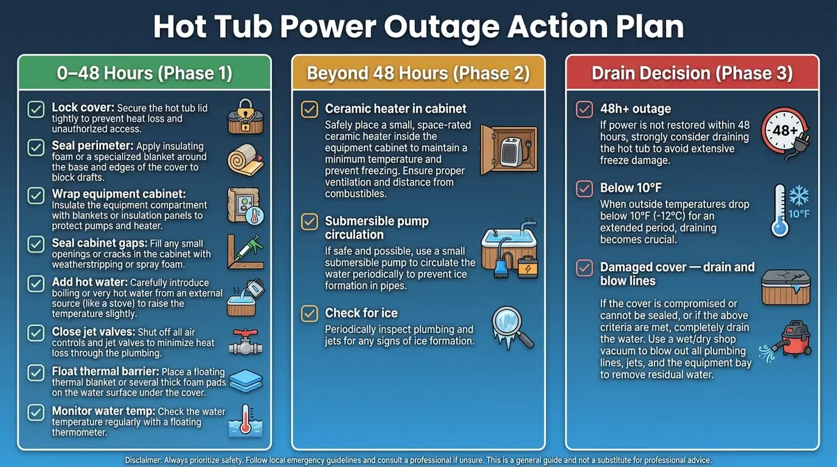 How to Keep Hot Tub From Freezing During Power Outage 7 Hot tub power outage emergency checklist infographic showing steps for Phase 1, Phase 2, and drain decision
