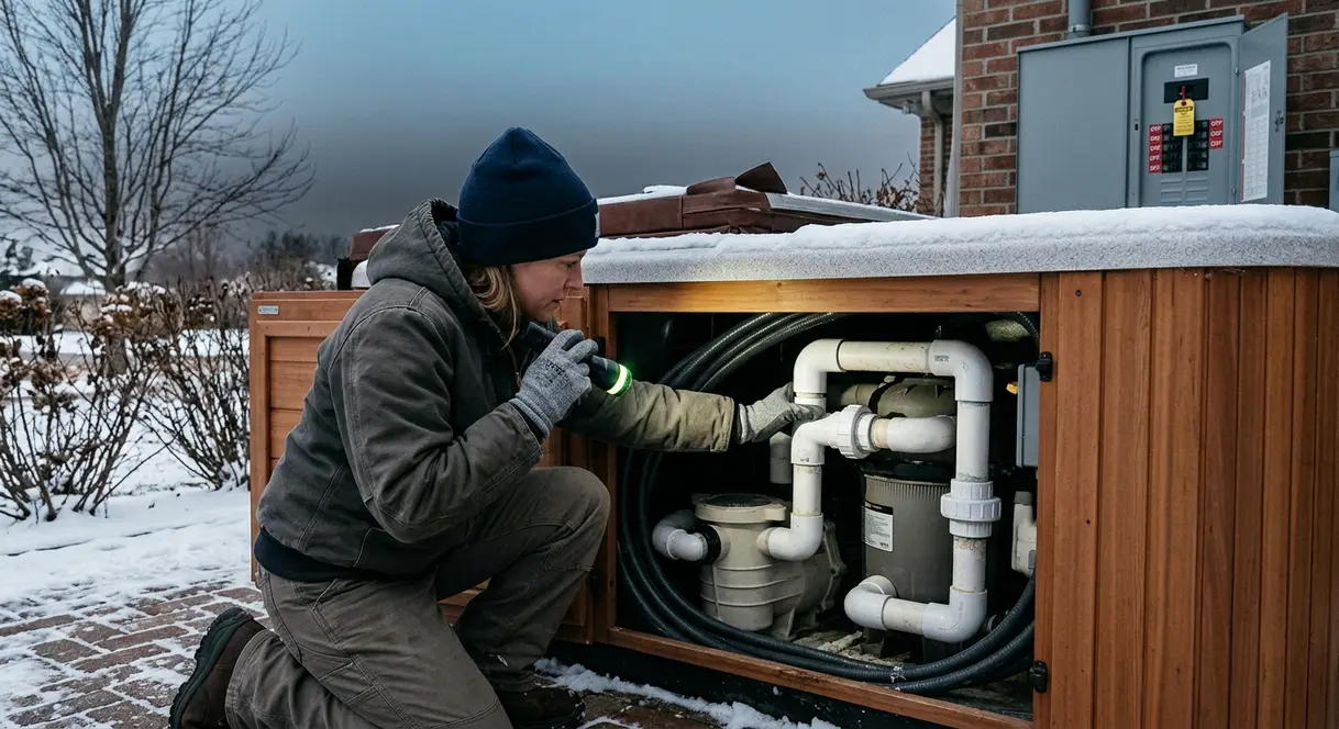 How to Keep Hot Tub From Freezing During Power Outage 2 Person inspecting hot tub equipment cabinet plumbing fittings with flashlight before power restart after outage