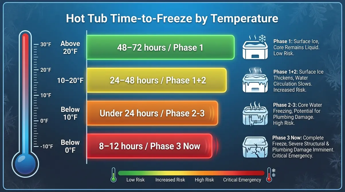 How to Keep Hot Tub From Freezing During Power Outage 3 Hot tub time-to-freeze chart showing hours before freeze risk at four temperature ranges