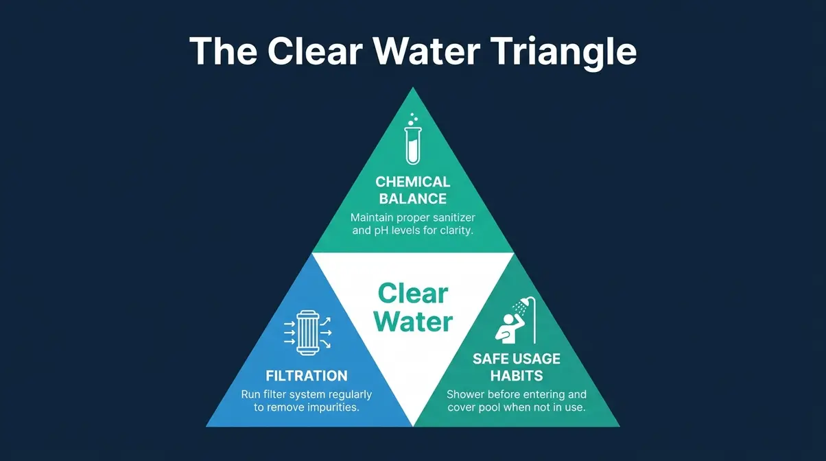 How to Keep Hot Tub Water Clear: 6-Step Guide 11 The Clear Water Triangle infographic showing chemical balance, filtration, and safe usage habits pillars for clear hot tub water