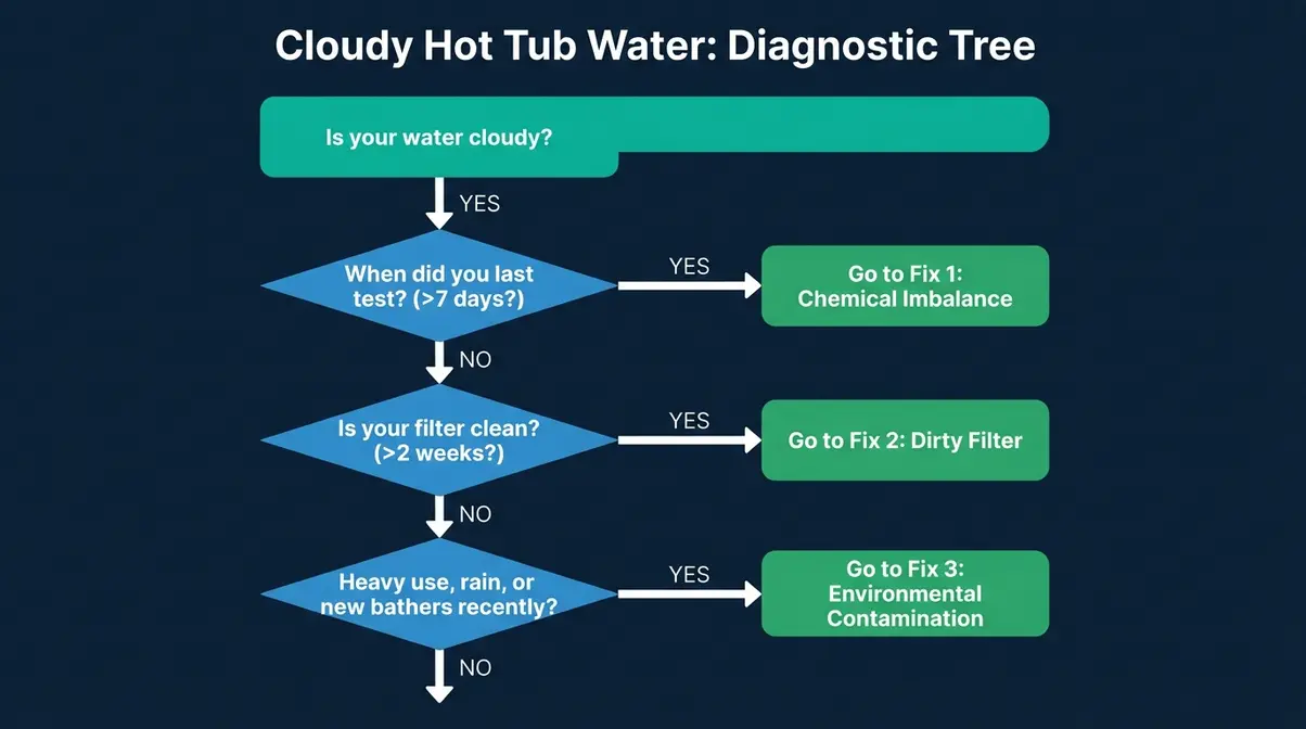 How to Keep Hot Tub Water Clear: 6-Step Guide 17 Hot tub cloudy water diagnostic flowchart identifying chemical imbalance, dirty filter, or environmental contamination as cause