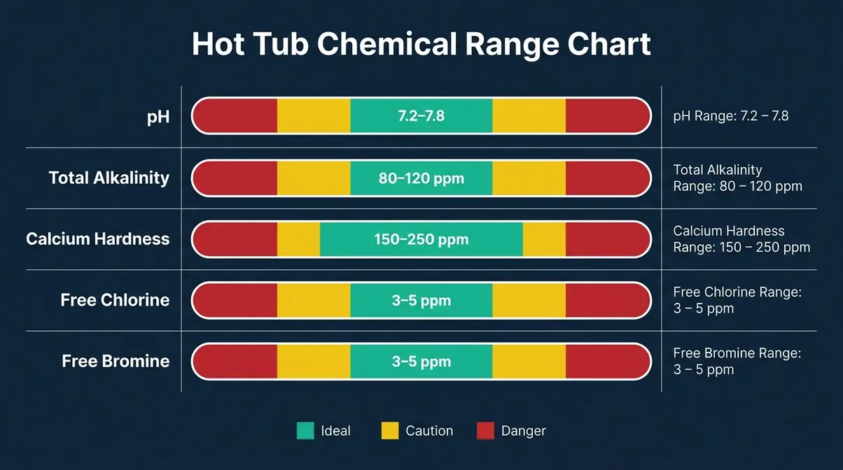 How to Keep Hot Tub Water Clear: 6-Step Guide 14 Hot tub water chemistry range chart showing ideal green zones for pH, alkalinity, calcium hardness, chlorine and bromine