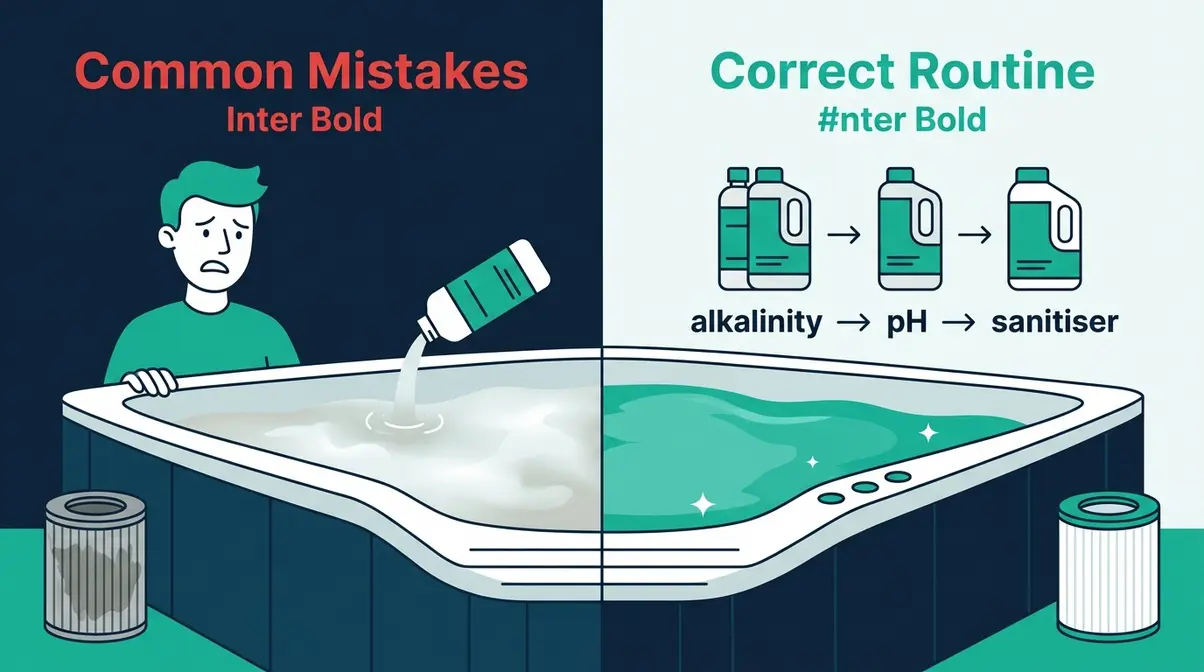 How to Keep Hot Tub Water Clear: 6-Step Guide 18 Split illustration comparing common hot tub maintenance mistakes like wrong chemical order against the correct routine