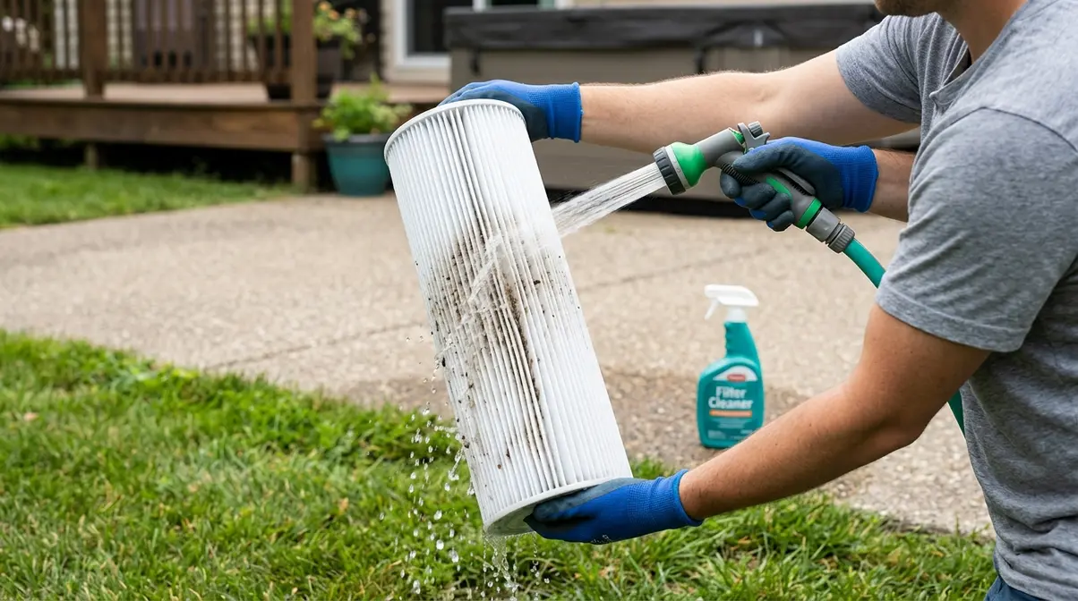 How to Keep Hot Tub Water Clear: 6-Step Guide 15 Person rinsing hot tub filter cartridge with garden hose working top to bottom between pleats