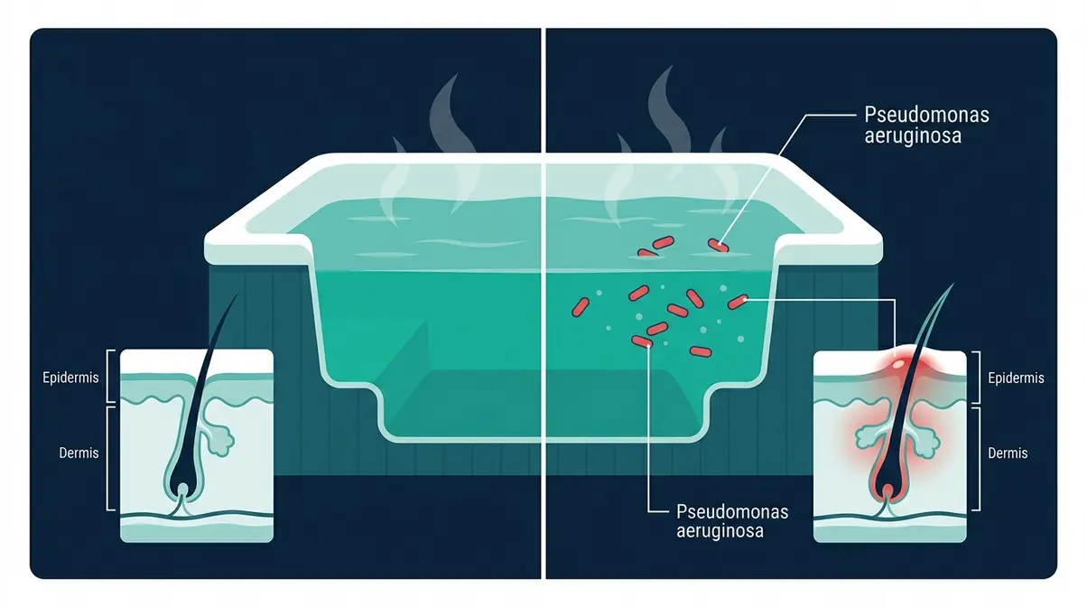 How to Keep Hot Tub Water Clear: 6-Step Guide 12 Medical illustration showing how Pseudomonas aeruginosa bacteria in under-chlorinated hot tub water causes folliculitis