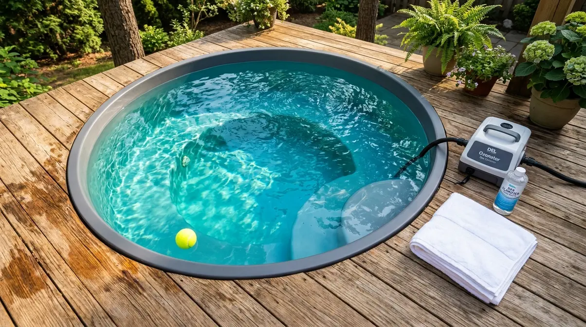 How to Keep Hot Tub Water Clear: 6-Step Guide 16 Yellow tennis ball floating in clear hot tub water alongside clarifier bottle and ozonator on wooden deck