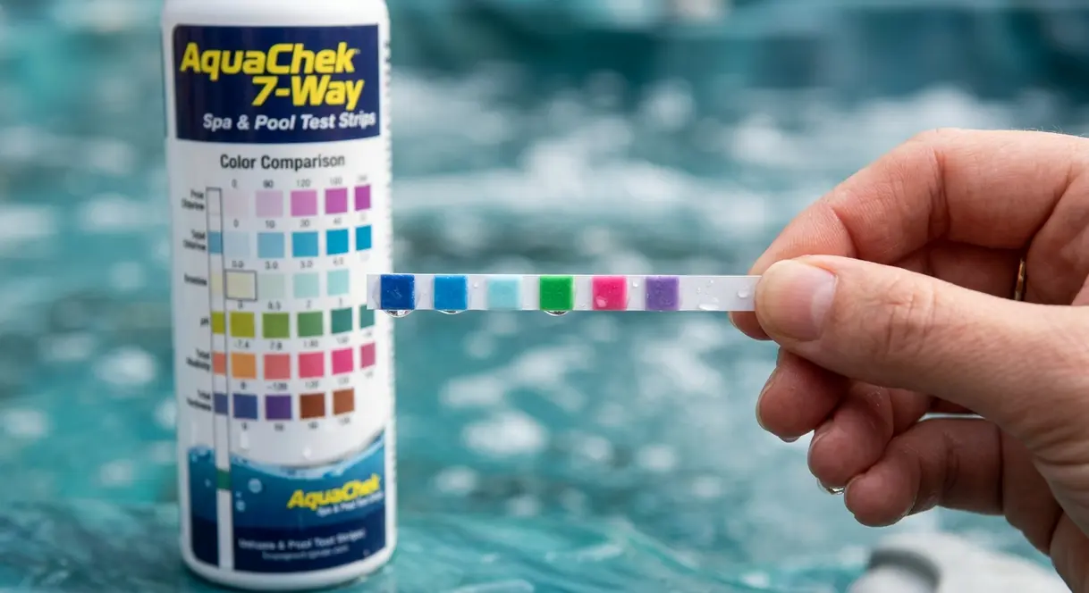 How to Keep Hot Tub Water Clear: 6-Step Guide 13 Hand holding hot tub test strip showing pH, alkalinity and chlorine colour pads against comparison chart