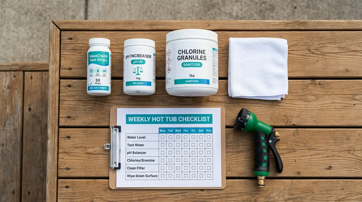 How to Keep Hot Tub Water Clear: 6-Step Guide 10 Hot tub weekly maintenance kit laid out on wooden deck including test strips, pH chemicals, and chlorine granules