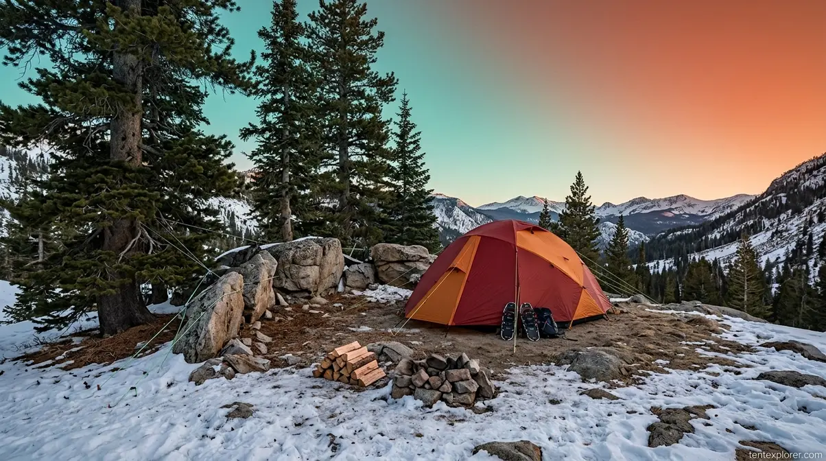 Four-season tent positioned safely near natural windbreaks for cold weather camping