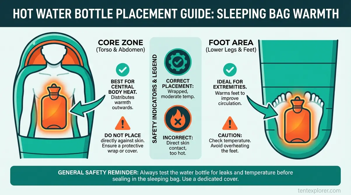 Visual guide showing correct hot water bottle placement inside sleeping bag for camping warmth in cold conditions